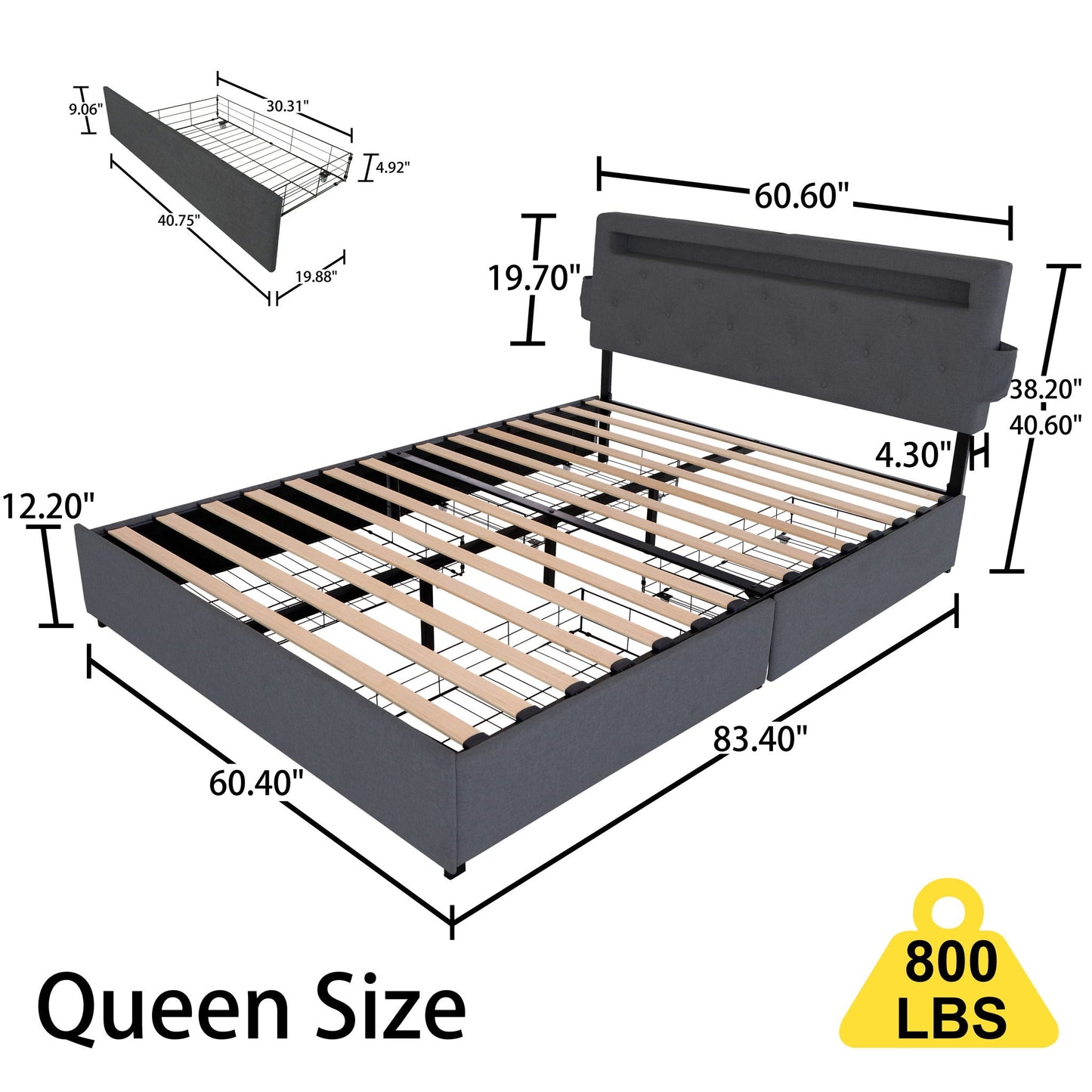 Bed With USB Charging Station, LED Lights, Headboard & Storage Drawers Home Essentials