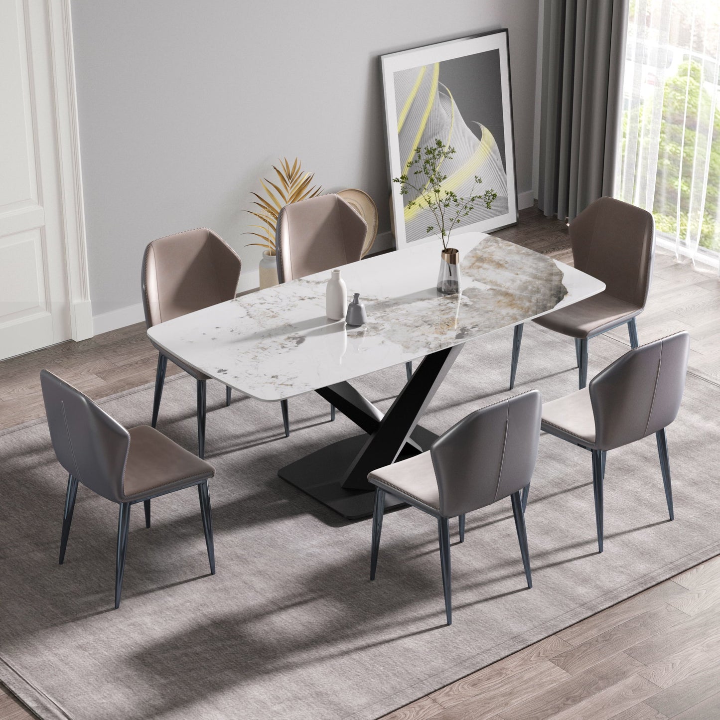 Modern Artificial Stone Pandora White Curved Metal Leg Dining Table, Can Accommodate 6-8 People - Antique White Home Essentials