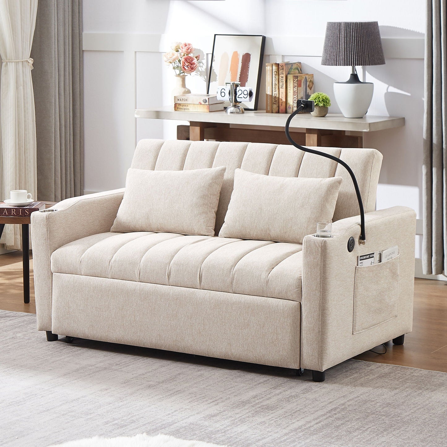 Convertible Sofa Bed Loveseat Sofa With Three USB Ports, Two Side Pockets, Two Cup Holders And 360° swivel Phone Holder For Living Room Hearth and Haven
