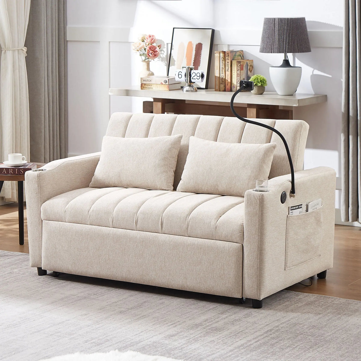 Convertible Sofa Bed Loveseat Sofa With Three USB Ports, Two Side Pockets, Two Cup Holders And 360° swivel Phone Holder For Living Room Hearth and Haven