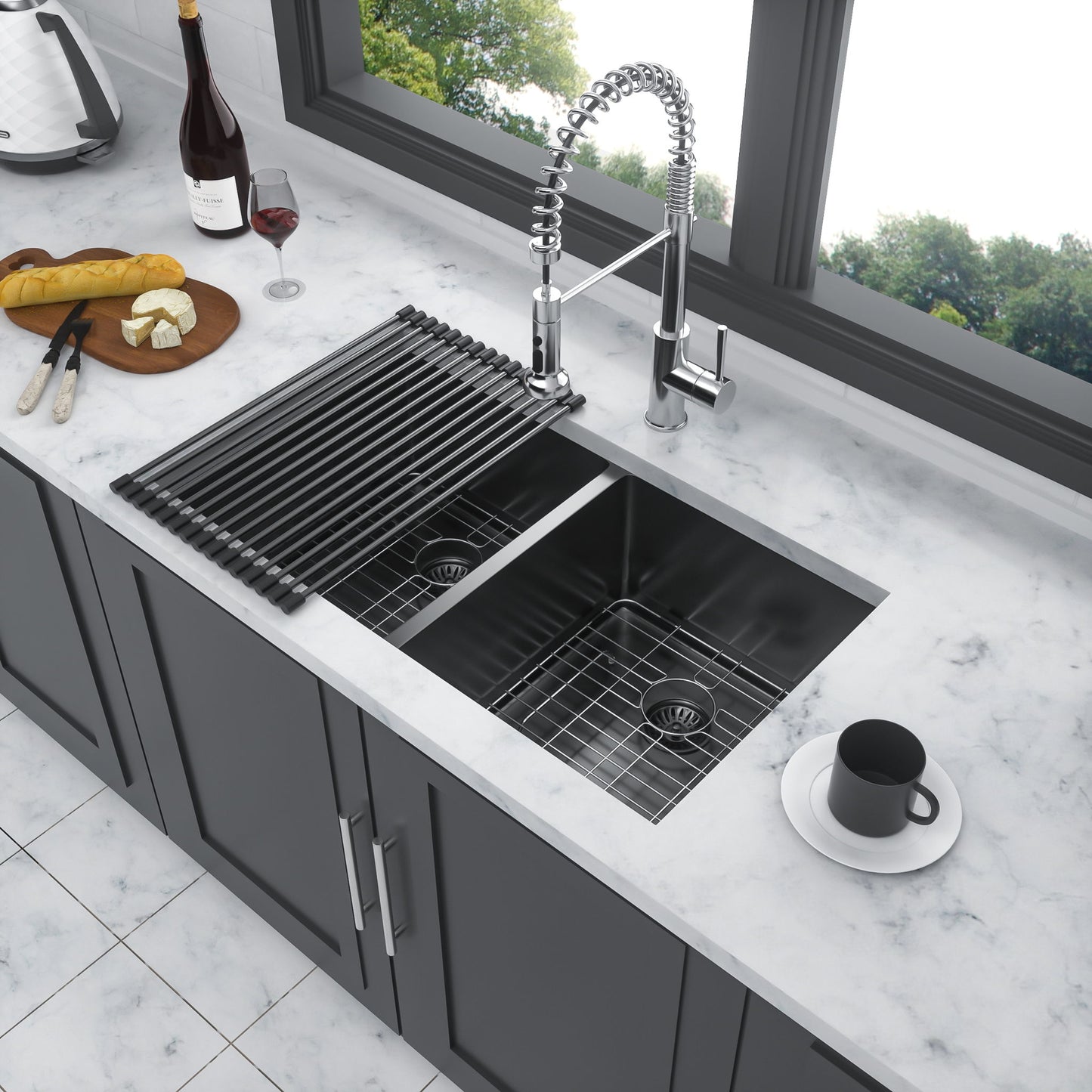 Double Bowl Undermount Kitchen Sink 16 Gauge 33" X 19" With Dual 10" Deep Basins - Gunmetal Black Daily Nest