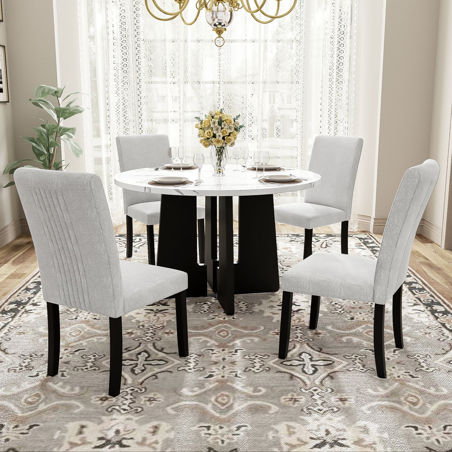 5 Piece Round Dining Table Set, Modern Dining Table And 4 Upholstered Chairs For Dining Room Hearth and Haven