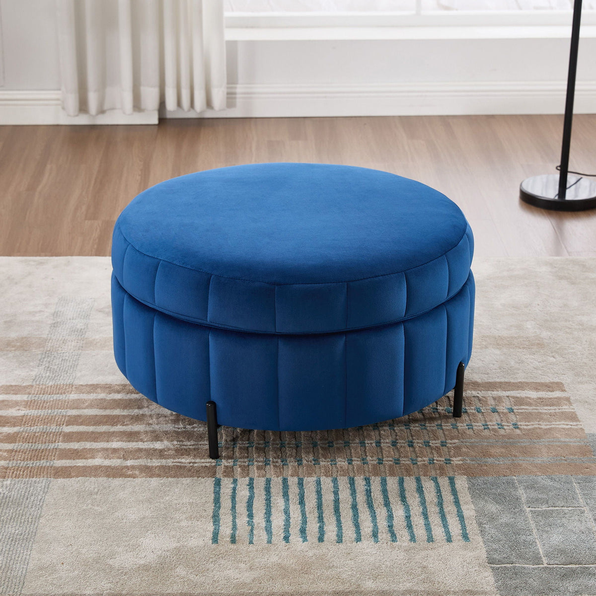 Upholstered Round Ottoman With Reversible Lid, Velvet Storage Stool, Channel Tufted Pumpkin Shape Footstool For Living Room, Bedroom And Office - Navy Home Essentials