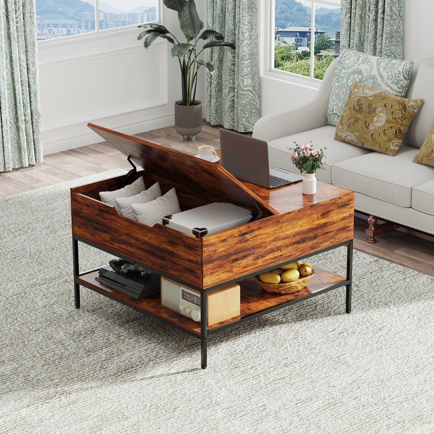 Rustic Flip Top Coffee Table With Hidden Storage - Black / Brown Home Essentials