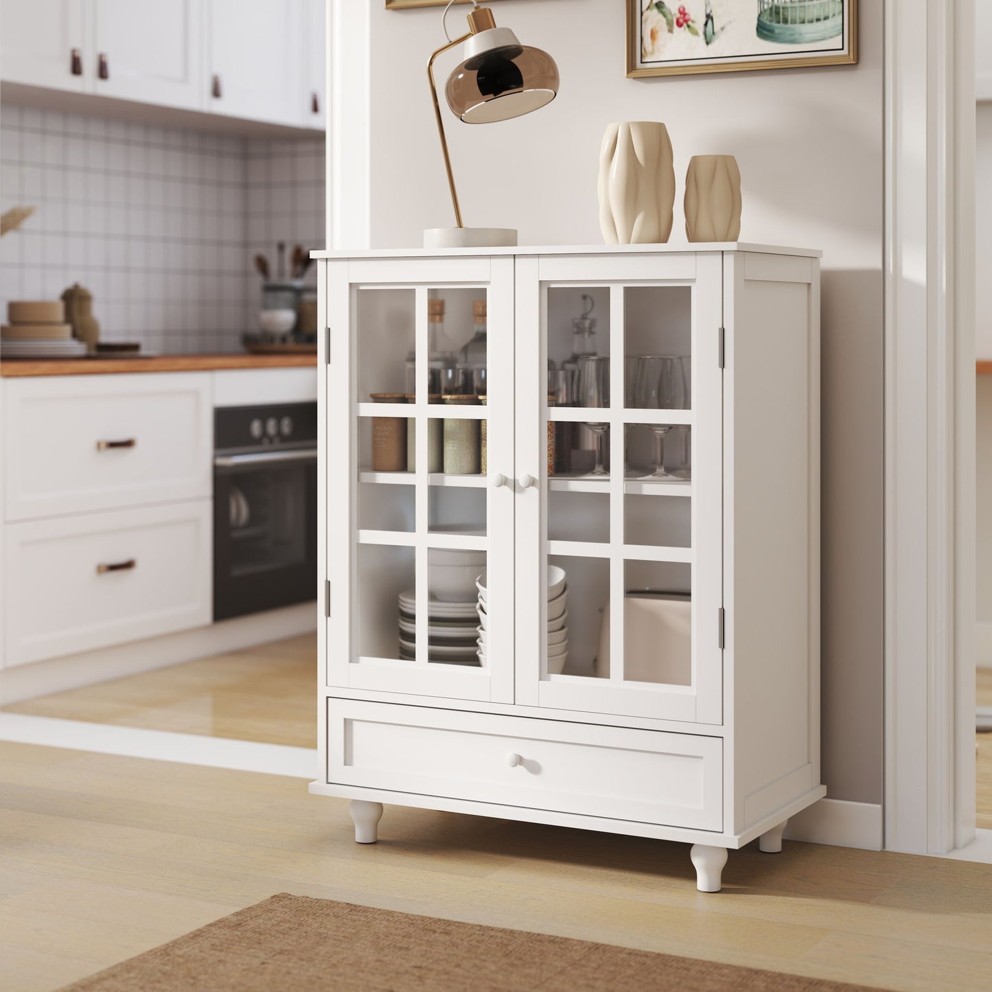 Minimalist Buffet Cabinet With Double Glass Doors And Drawer Home Essentials