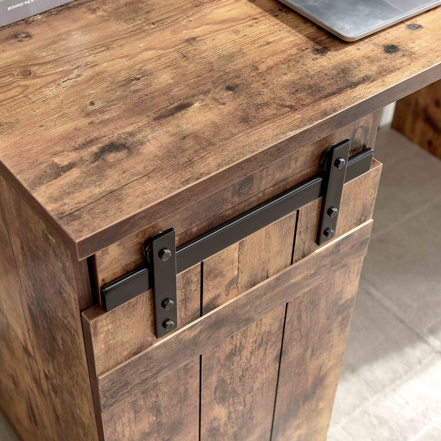 Home Office Desk One Cabinet Three Shelves Faux Barn Door On Metal Euro Hinges Modesty Panel - Distressed Wood Home Essentials