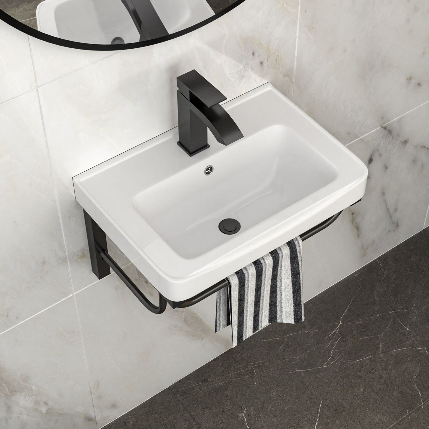 Wall Mounted Rectangular Bathroom Sink With 304 Stainless Steel Towel Bar & Overflow - White Daily Nest