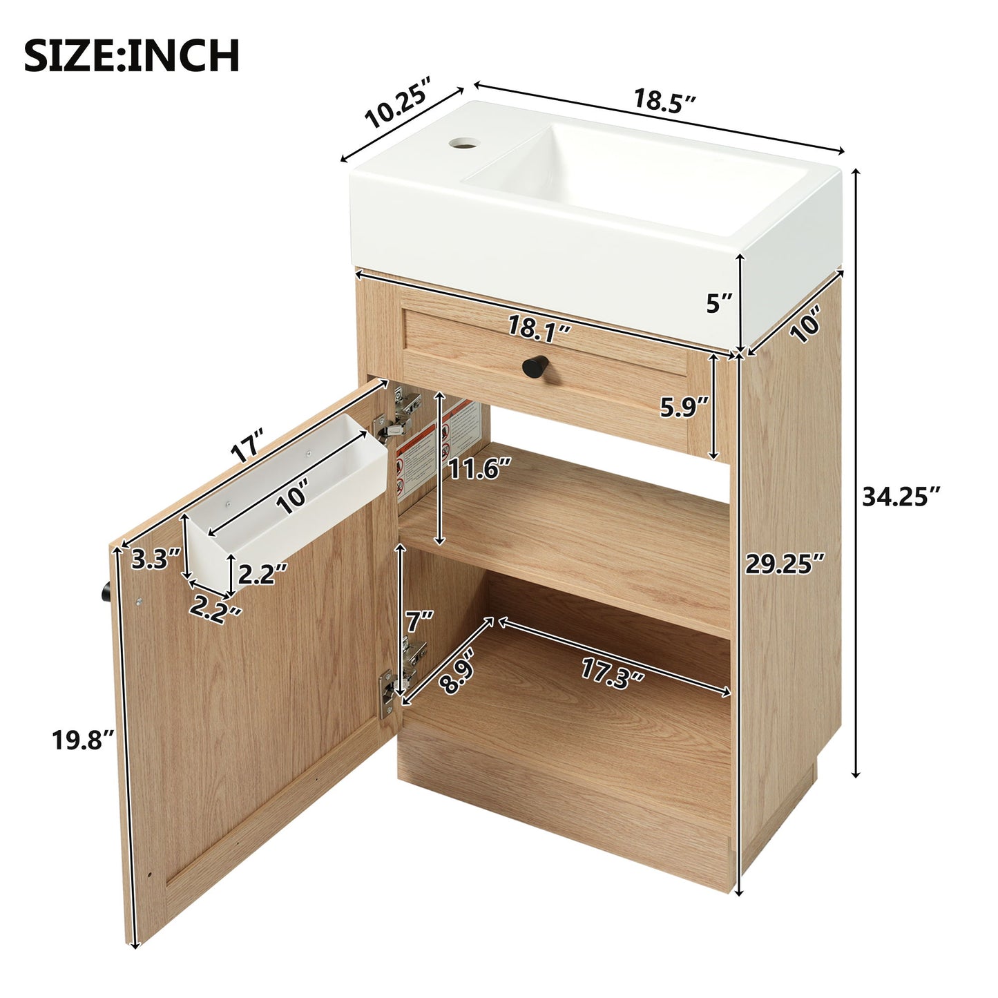 Bathroom Vanity With Reversible Resin Sink, Cabinet & Zinc Alloy Handles - Wood Hearth and Haven