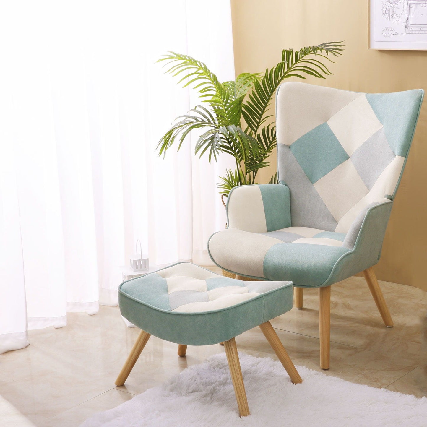 Accent Chair With Ottoman, Living Room Chair And Ottoman Set, Comfy Side Armchair For Bedroom, Creative Splicing Cloth Surface - Blue Home Essentials
