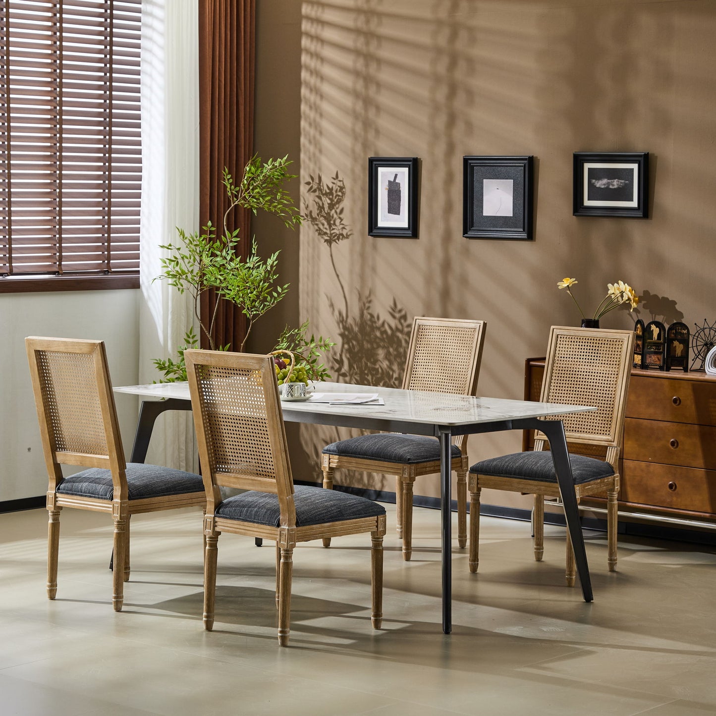 French Country Dining Chair With Rectangular Cane Backrest And Smooth Upholstered Seating Noble House