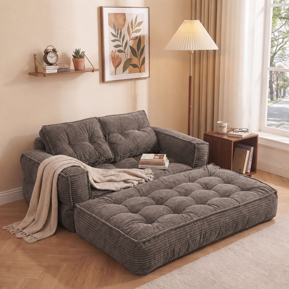 2 Seater Modular Sofa With Chaise Lounge, Boneless Floor Couch For Living Room - Coffee Home Essentials