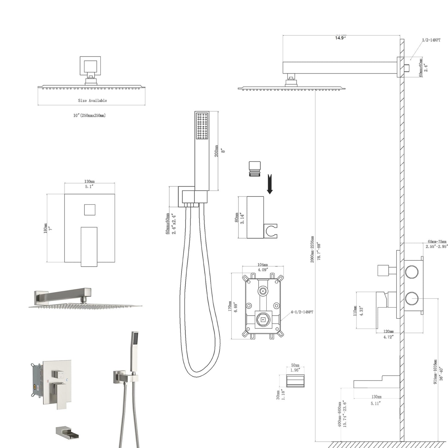 10" Wall Mounted Square Shower System With Rough In Valve Daily Nest