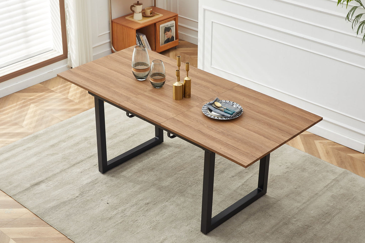 Square Extendable Dining Table With Metal Leg, Modern Space Saving Kitchen Table For Living Room Home Essentials