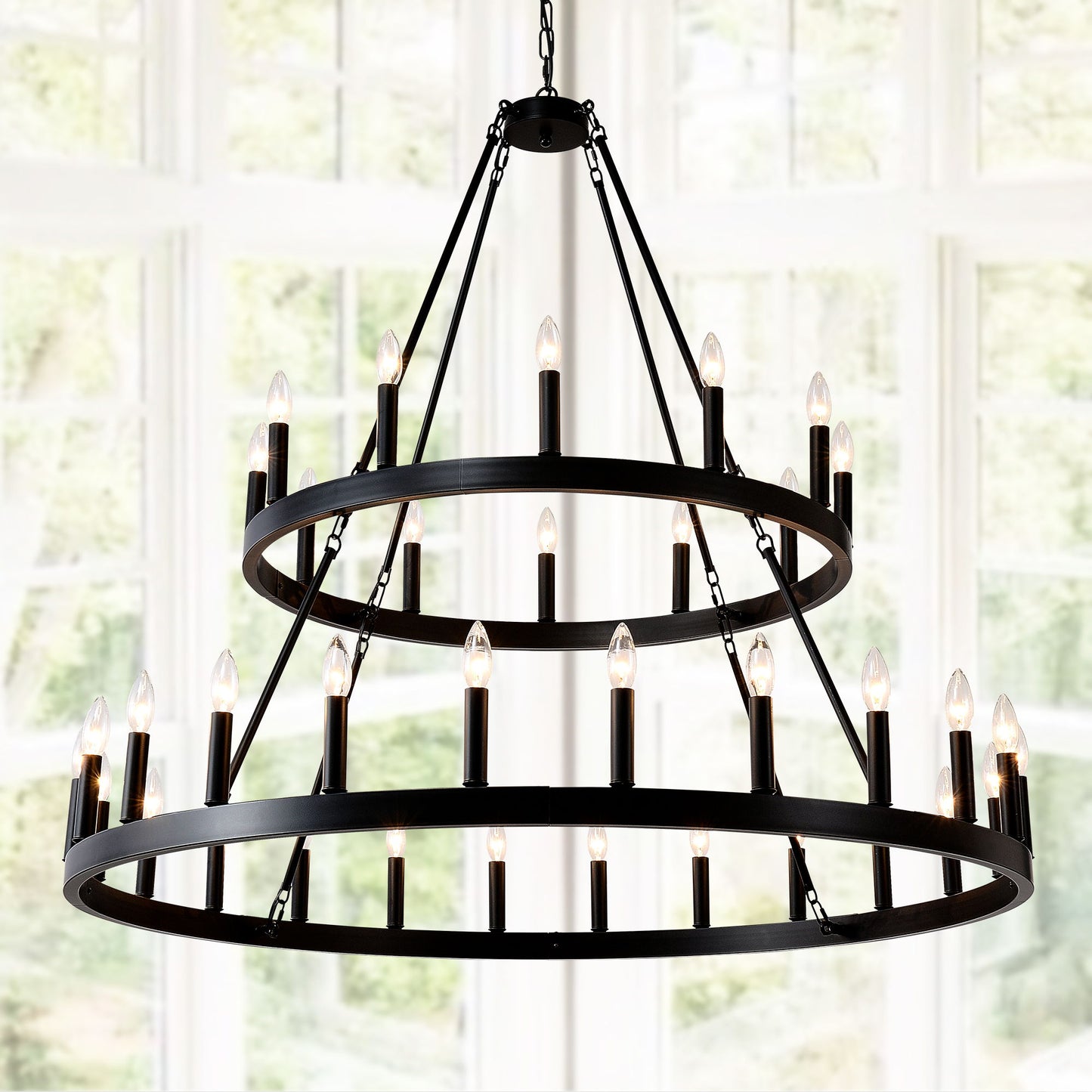 2 Tiers Wagon Wheel Chandelier Wooden Farmhouse 36 Light (24 / 12) Or (12 / 24) Metal Chandeliers 2 Story Light Fixtures Industrial For High Ceiling Living Dining Room Foyer, Adjustable Height - Black Daily Nest