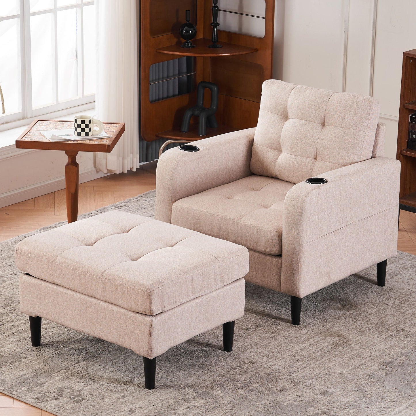 Upholstered Armchair And Storage Ottoman Set, Comfortable Single Sofa With Cup Holders And Tufted Detailing, Ideal For Living Room Or Bedroom Home Essentials