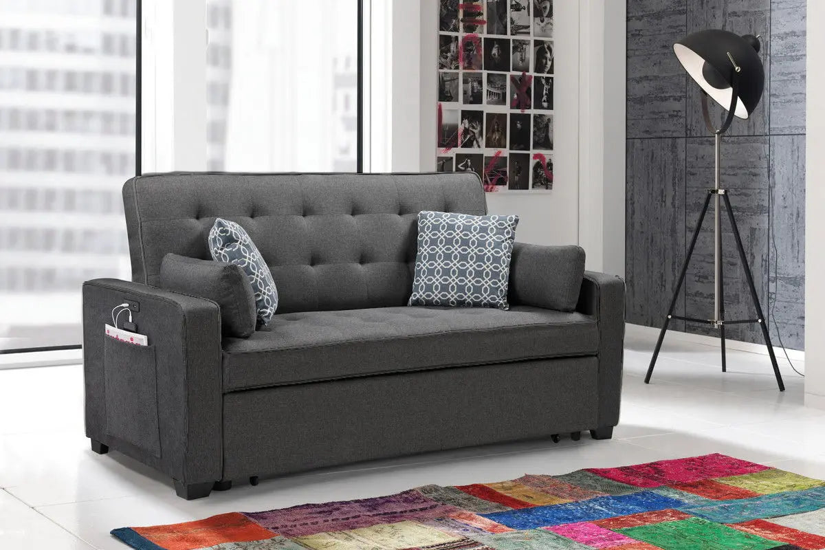 William - Sleeper Sofa With 2 USB Charging Ports And 4 Accent Pillows - Gray Lilola Home