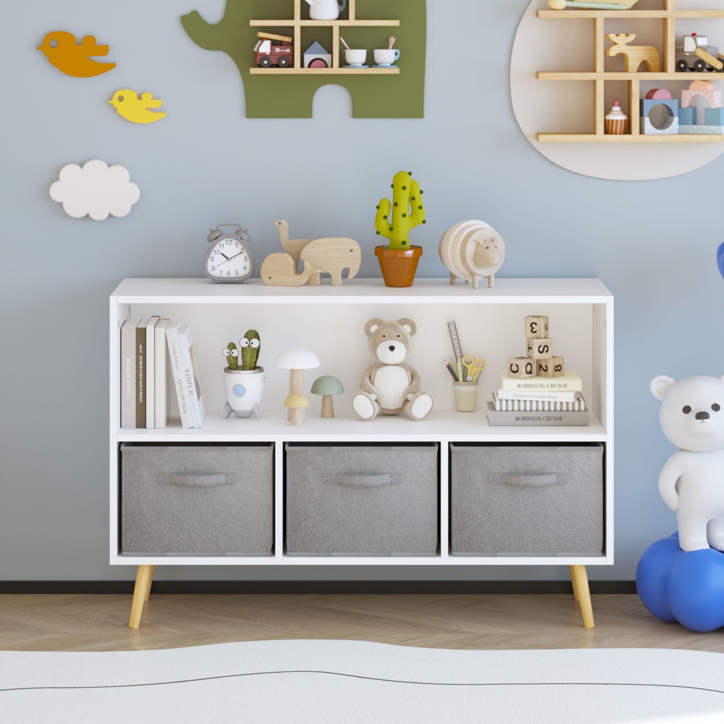 Kids Bookcase With Collapsible Fabric Drawers, Children's Book Display, Toy Storage Cabinet Organizer - White / Gray Home Essentials