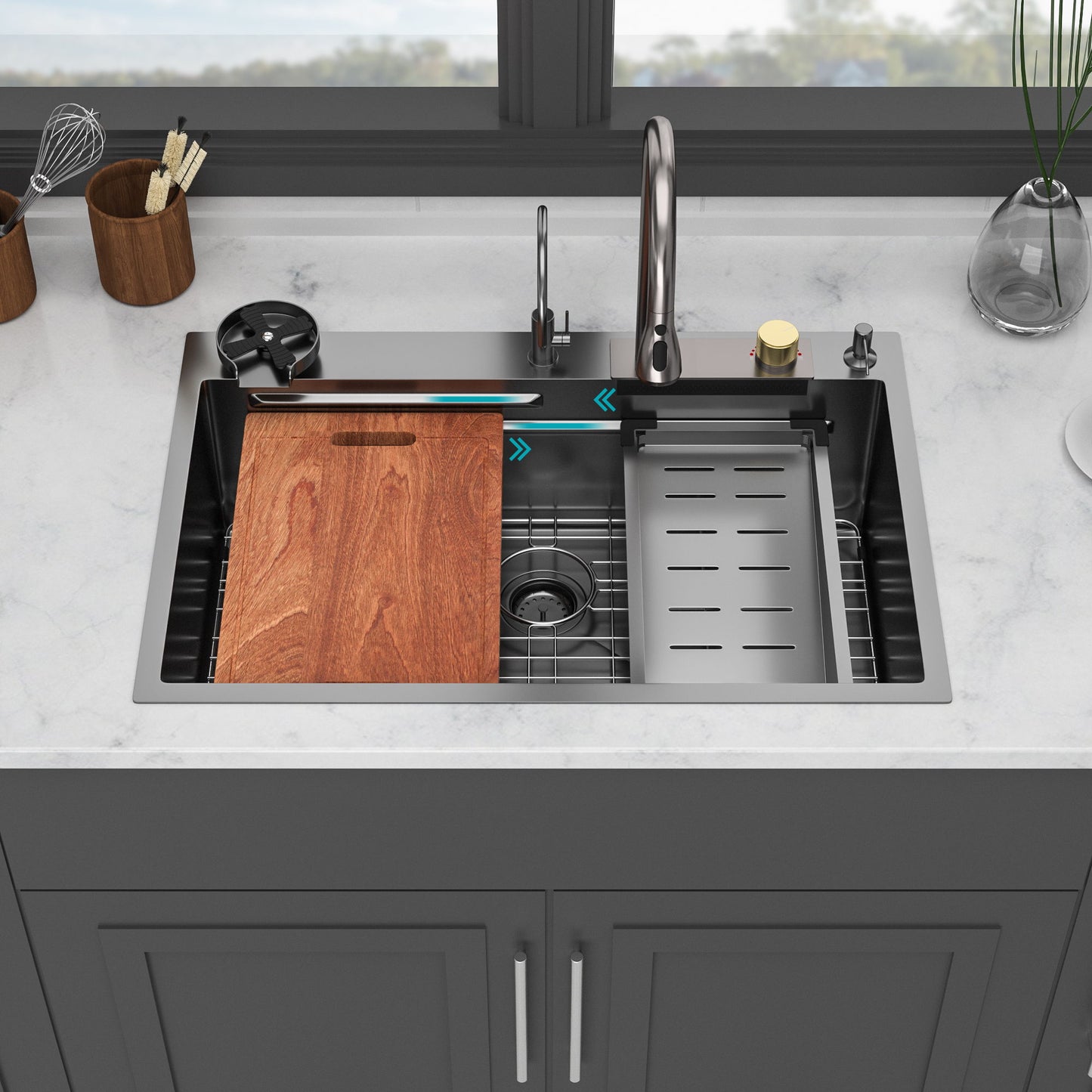 Waterfall Kitchen Sink With Pull Out Faucet & Cup Washer Daily Nest