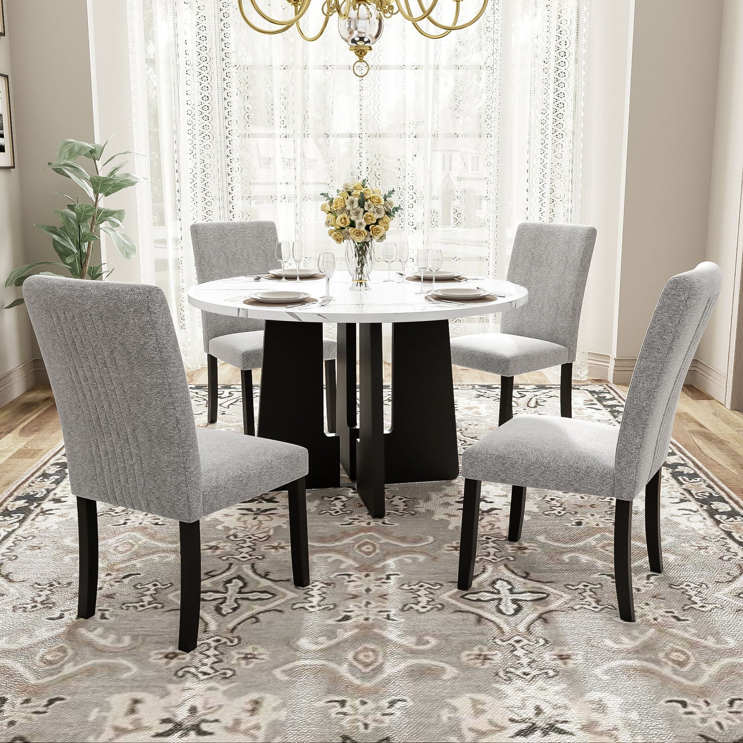 5 Piece Round Dining Table Set, Dining Table And 4 Upholstered Chairs For Dining Room, Kitchen Room, Living Room - White / Gray Hearth and Haven
