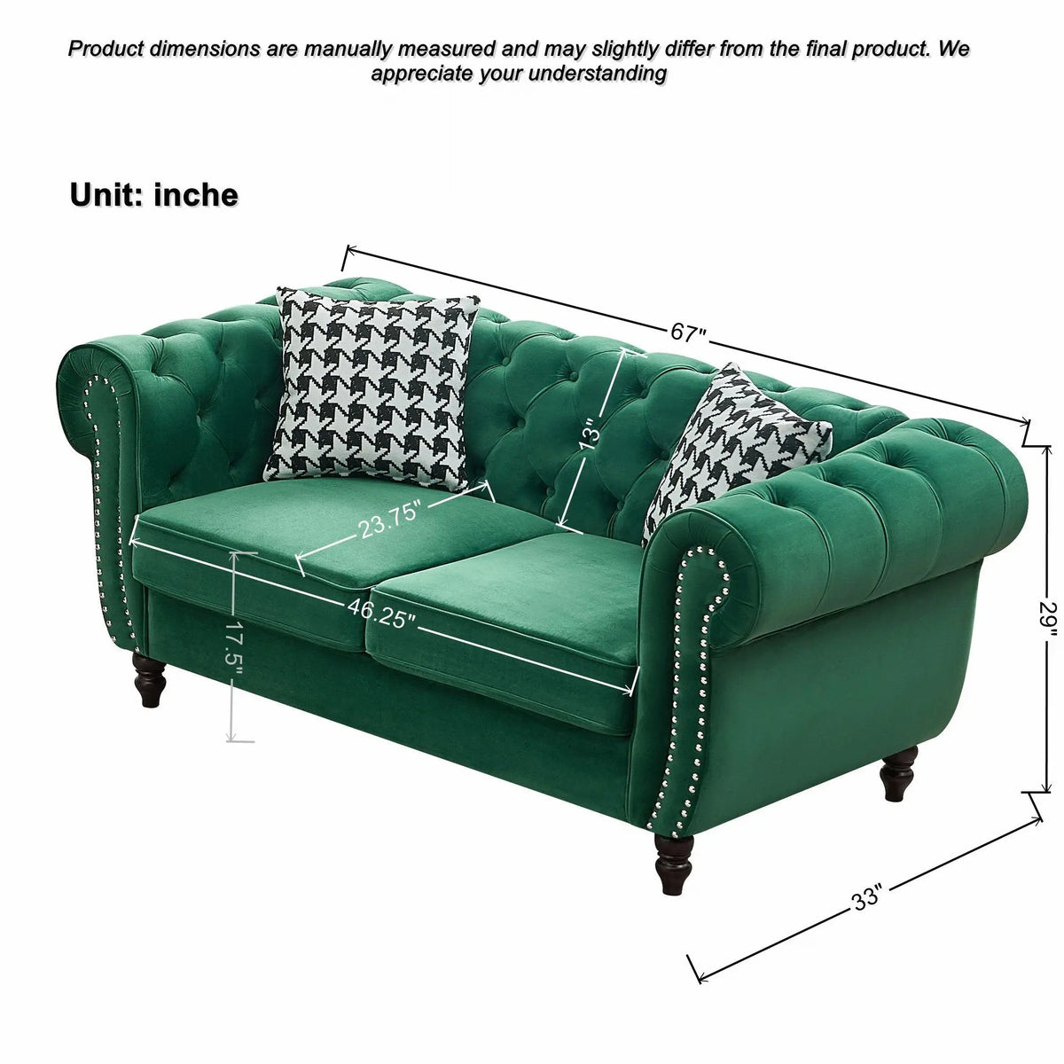 Chesterfield Velvet Fabric Sofa With Roll Armrest And Nailhead, Mid Century 2 Seater Couch Home Essentials