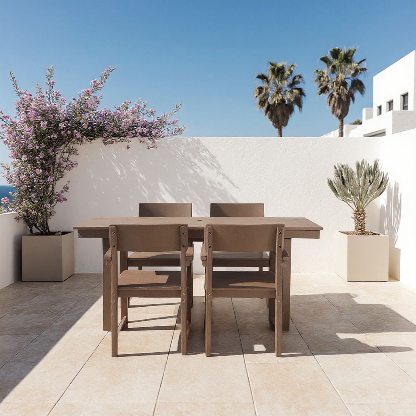 5 Piece Outdoor Dining Set For 4, Patio Table With Umbrella Hole And 4 Armrest Chairs For Backyard, Lawn, Deck, Or Poolside - Brown Home Essentials