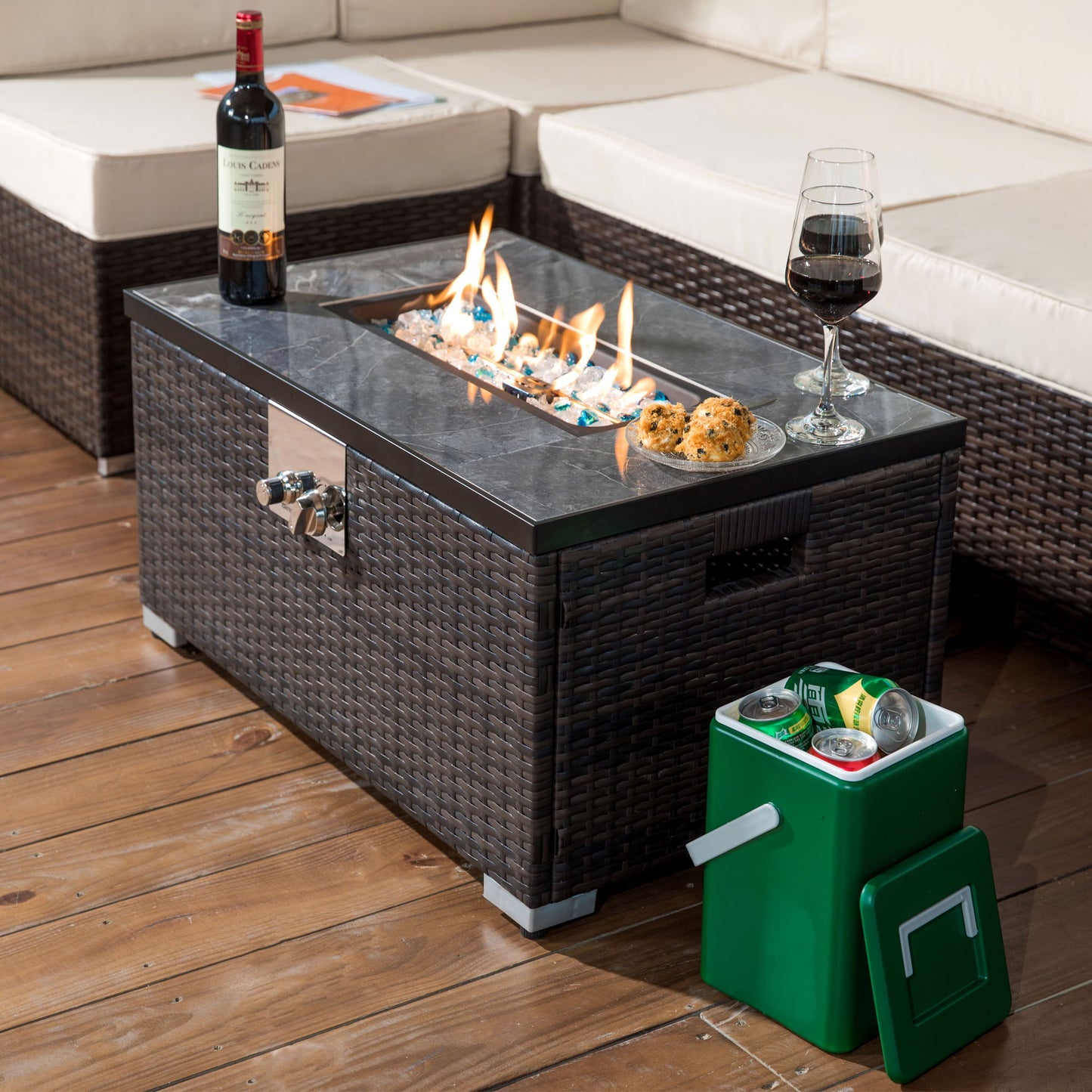 Outdoor Fire Table Propane Fire Pit Rattan Gas Fire Table, Gas Fire Table With Tile Tabletop - Brown Home Essentials
