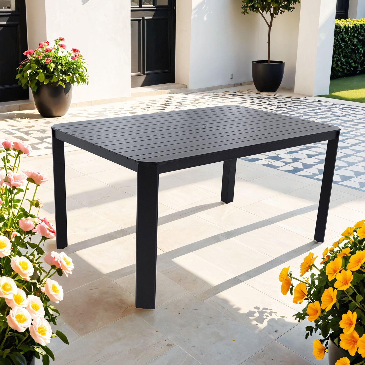 Modern Outdoor Table With Alternating Wide And Narrow Slats, Angled Corners, 2" Big Umbrella Hole, And Adjustable Non Slip Pads - Bourbon Brown Life Outside