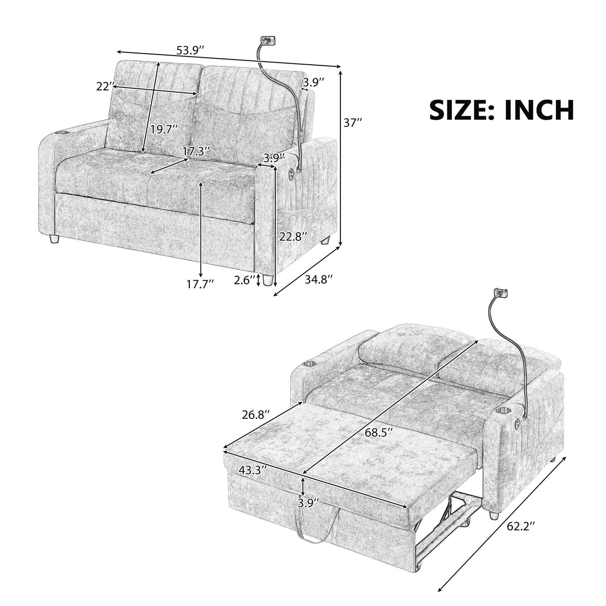 Modern Loveseat Pull Out Sofa Bed With Adjustable Backrest, Two Cup Holders, A Phone Holder, Three Charging Ports And Side Storage Pockets For Living Room Hearth and Haven
