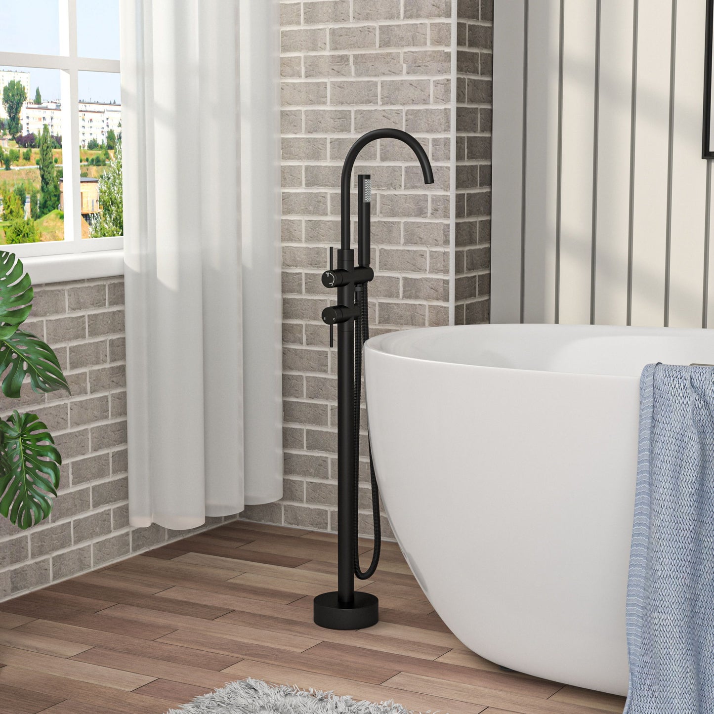 Freestanding Bathtub Faucet Floor Mount Tub Filler With Swivel Gooseneck Spout And Cylinder Handheld Daily Nest