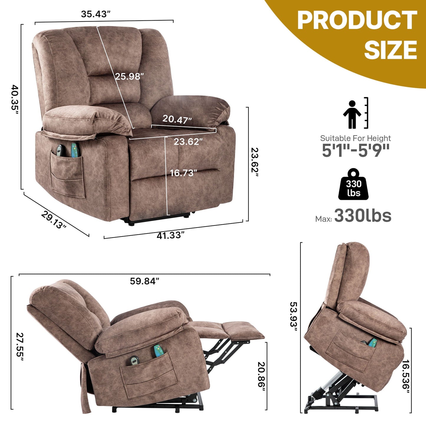 Power Lift Recliner Chair Sofa With Massage - Brown Home Essentials
