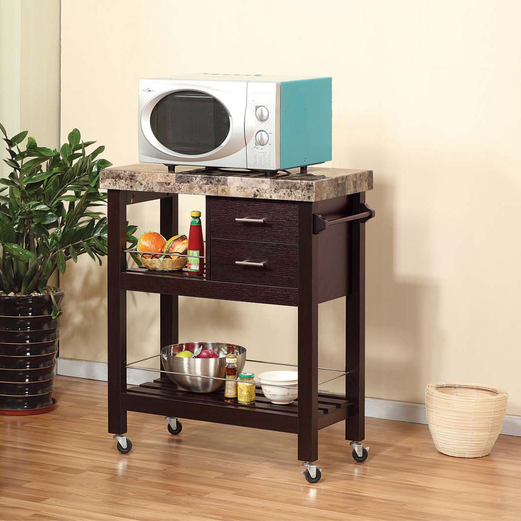Kitchen Cart Red Cocoa Faux Marble Chunky Thick Top Two Drawers Locking Rubber Wheel Castors Slat Vented Shelves Towel Bar - Espresso Home Essentials