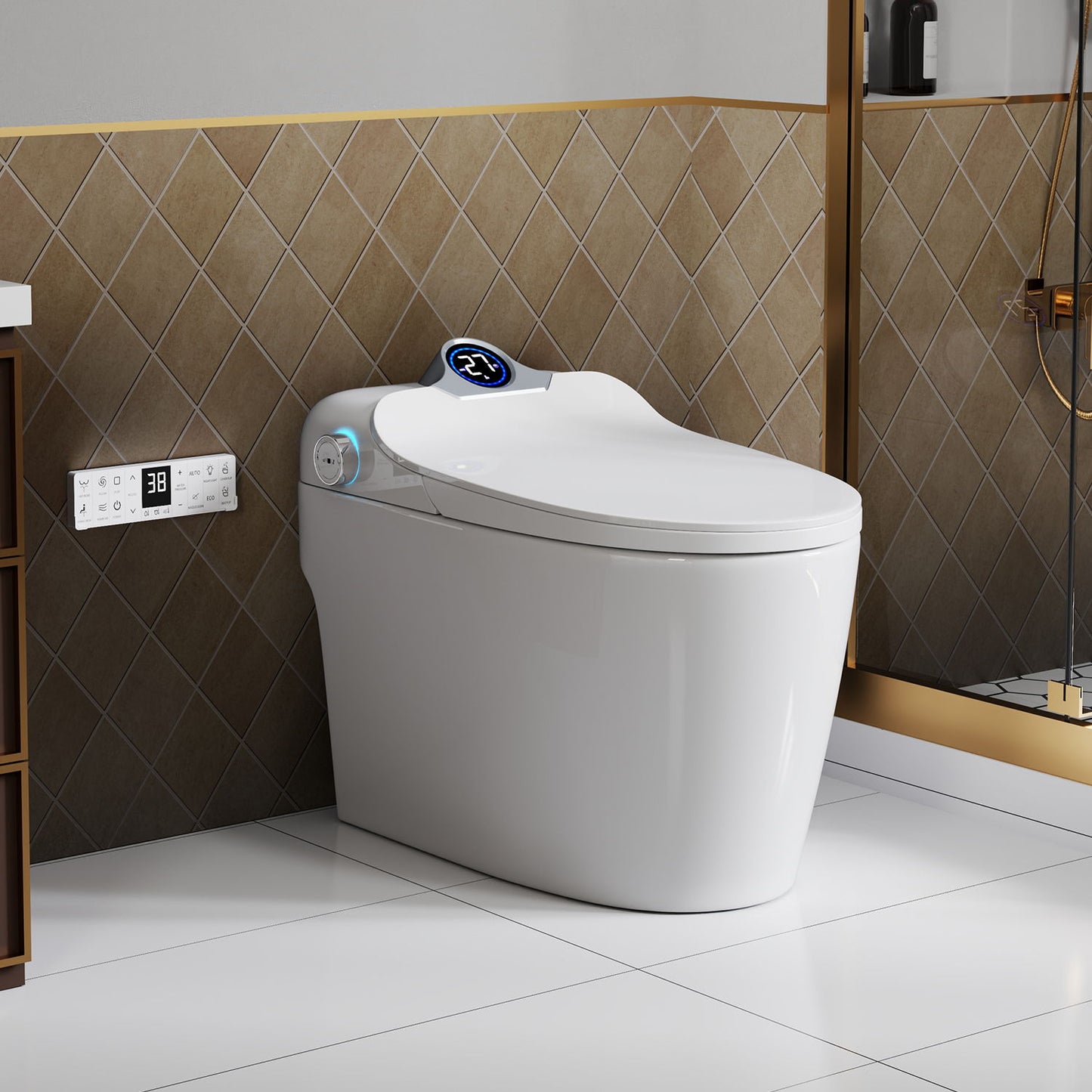 Smart Toilet Bidet Combo With Foot Sensor, LED Display, Heated Seat And Airflow, Ceramic - White Daily Nest