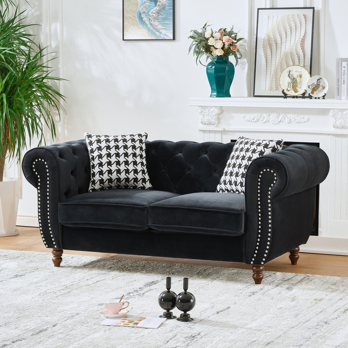 Chesterfield Upholstery Fabric Loveseat With Roll Armrest And Nailhead Home Essentials