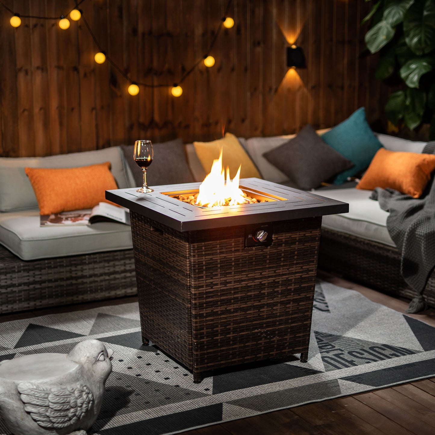 28" Wicker Square Fire Pit Table - Black Brown Home Essentials