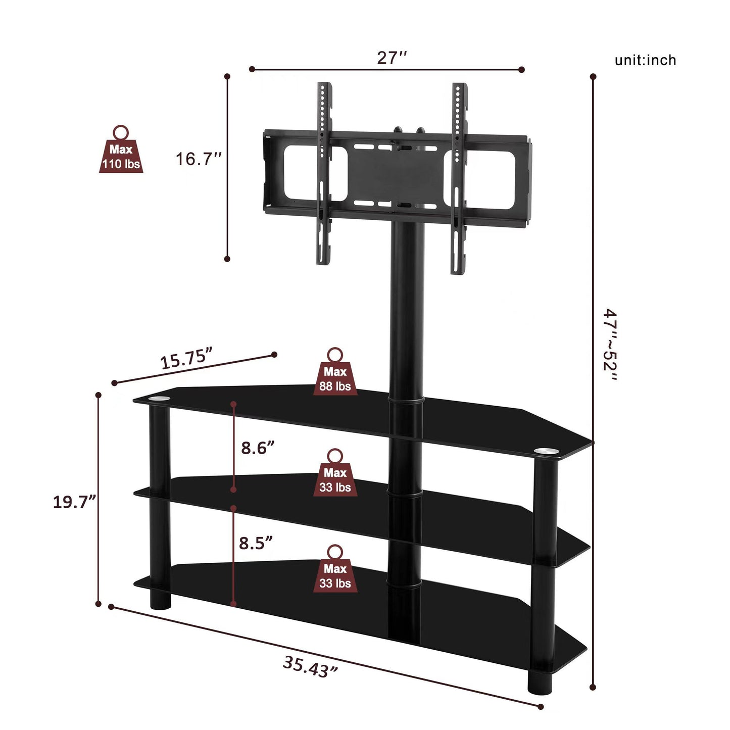 Multi-Function TV Stand Height Adjustable Bracket Swivel 3 Tier - Black Home Essentials