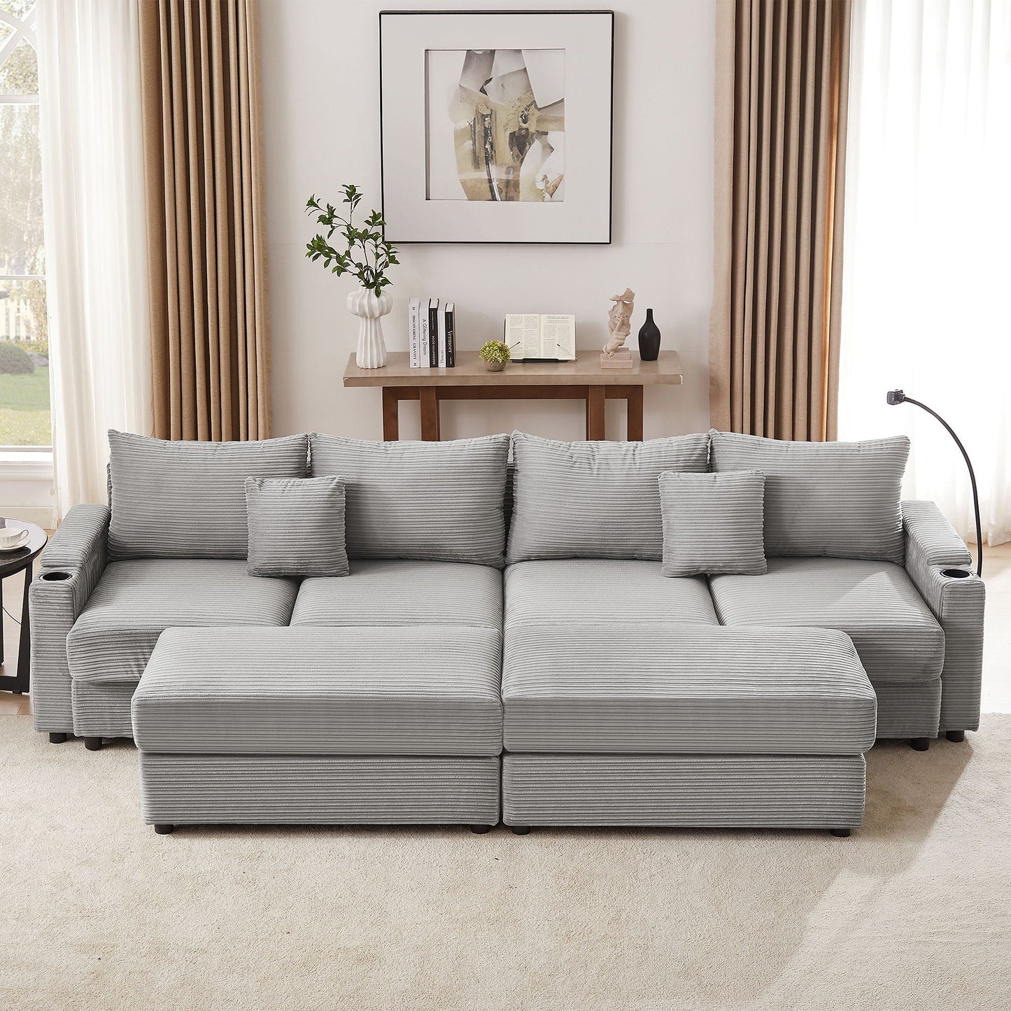 Modern Style Loveseat Sofa Sectional Sofa Couch With Storage Space, A Movable Ottoman, Two USB Ports, Two Cup Holders, A Phone Holder For Living Room Hearth and Haven
