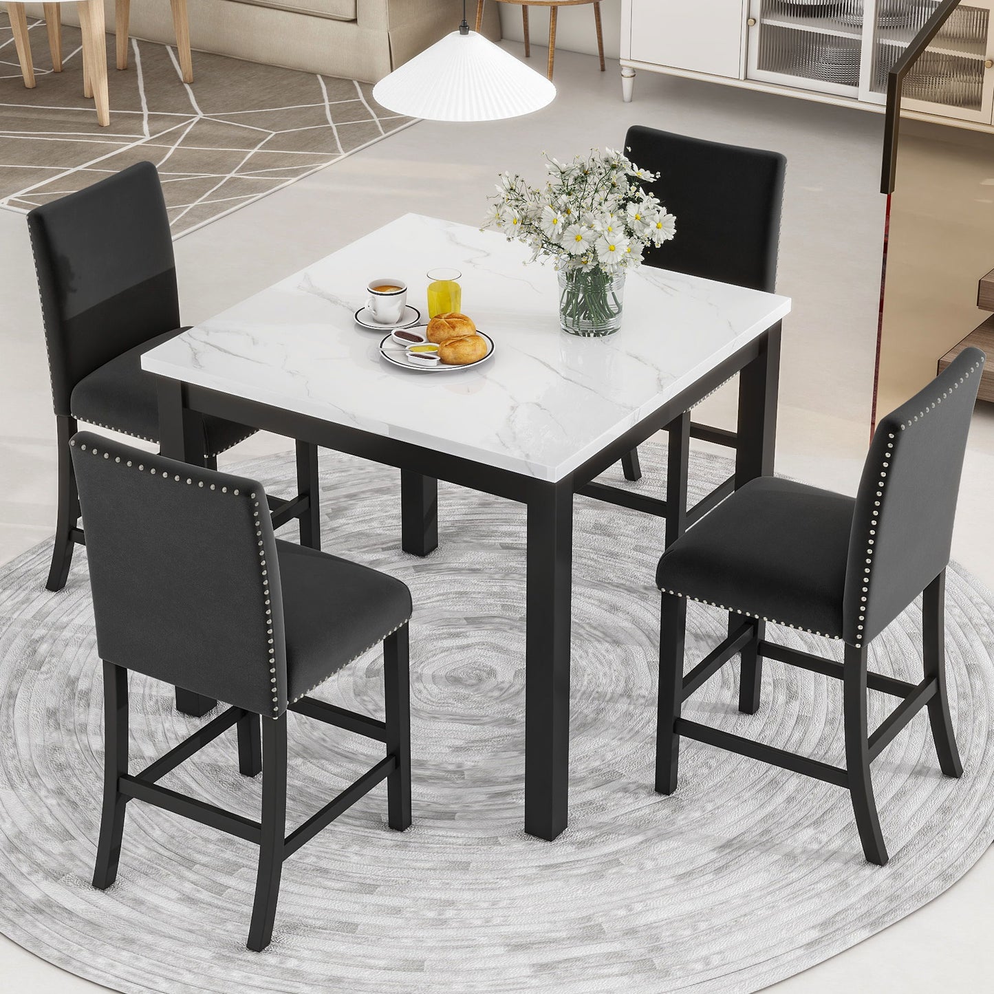 5-Piece Counter Height Dining Table Set With One Faux Marble Top Dining Table And Four Velvet Upholstered Chairs Home Essentials
