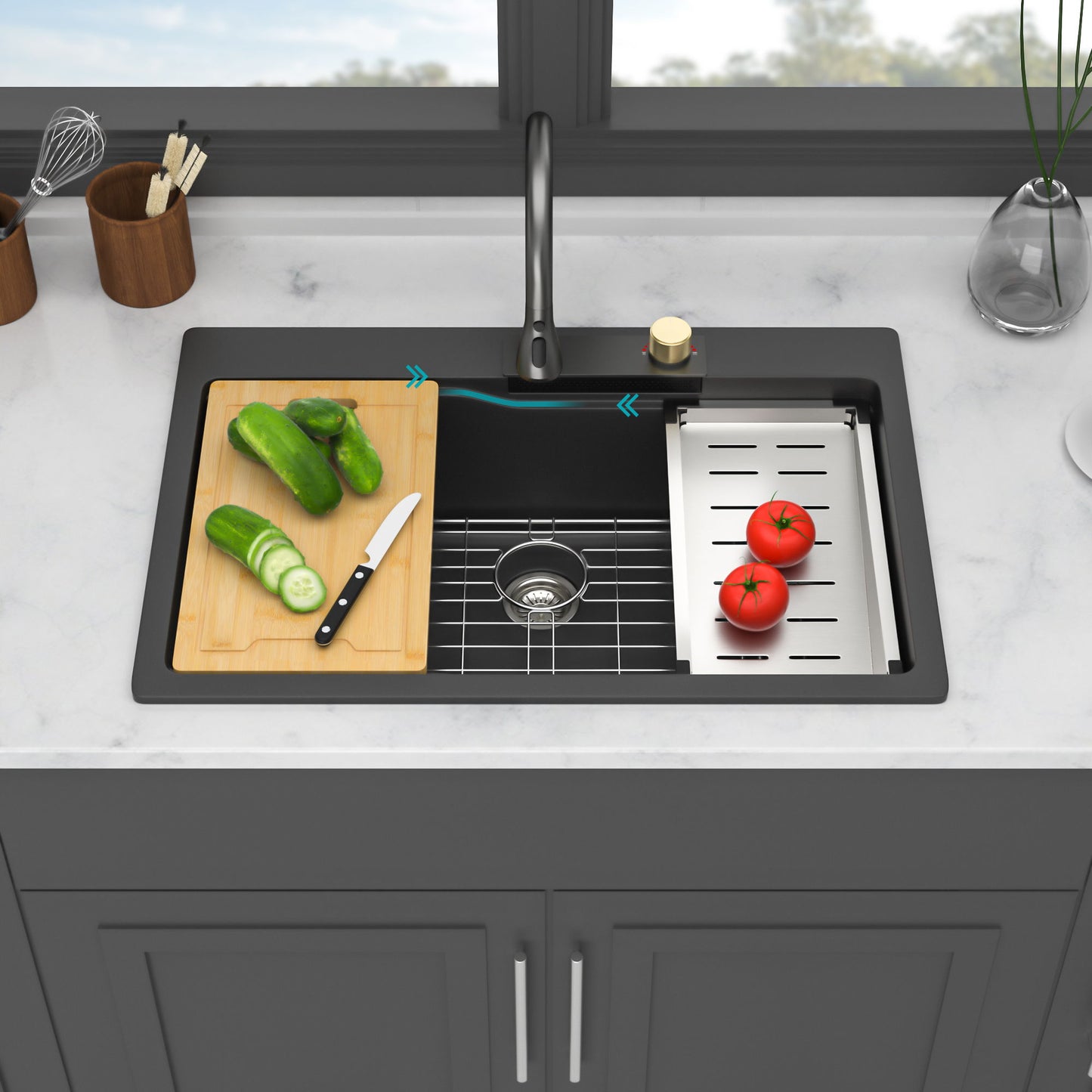 Waterfall Kitchen Sink With Pull Out Faucet & Cup Washer Daily Nest
