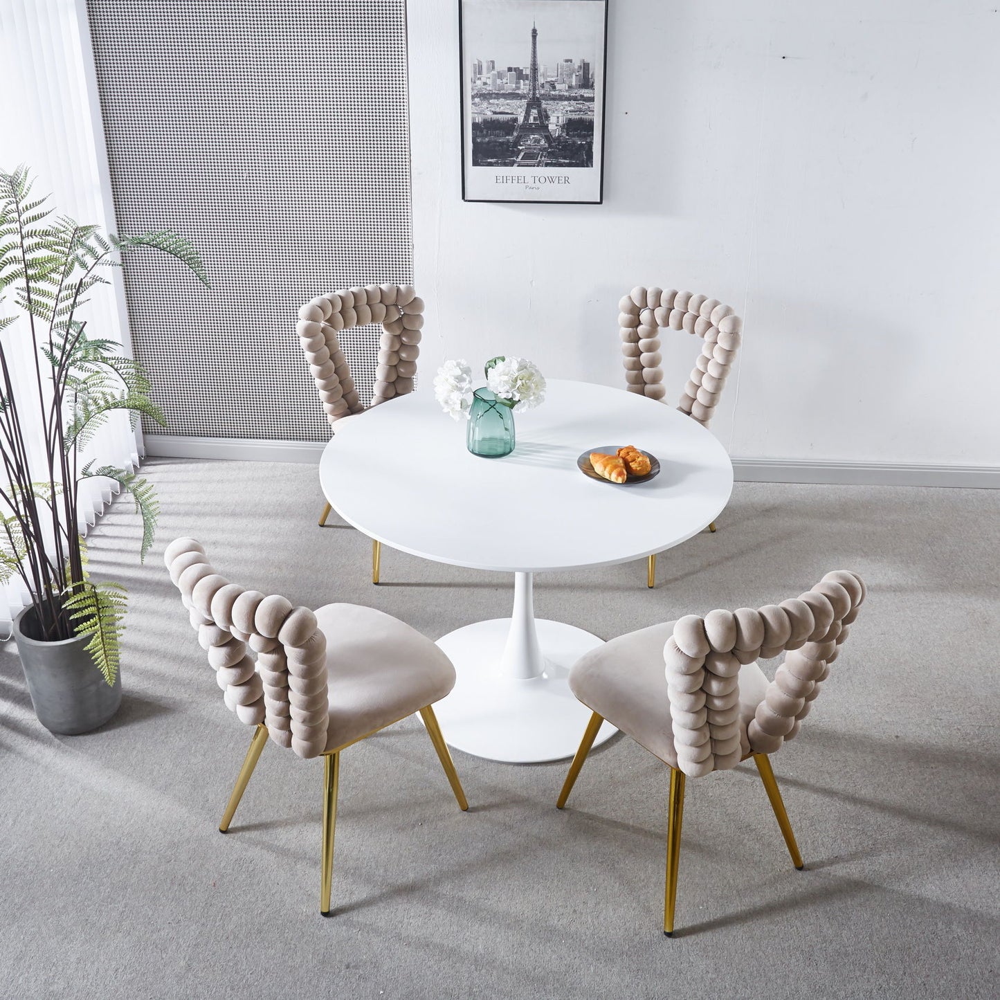 Modern Chair With Iron Tube Legs, Soft Cushions And Comfortable Backrest, Suitable For Dining Room, Living Room, Cafe, Hairball Back Home Essentials