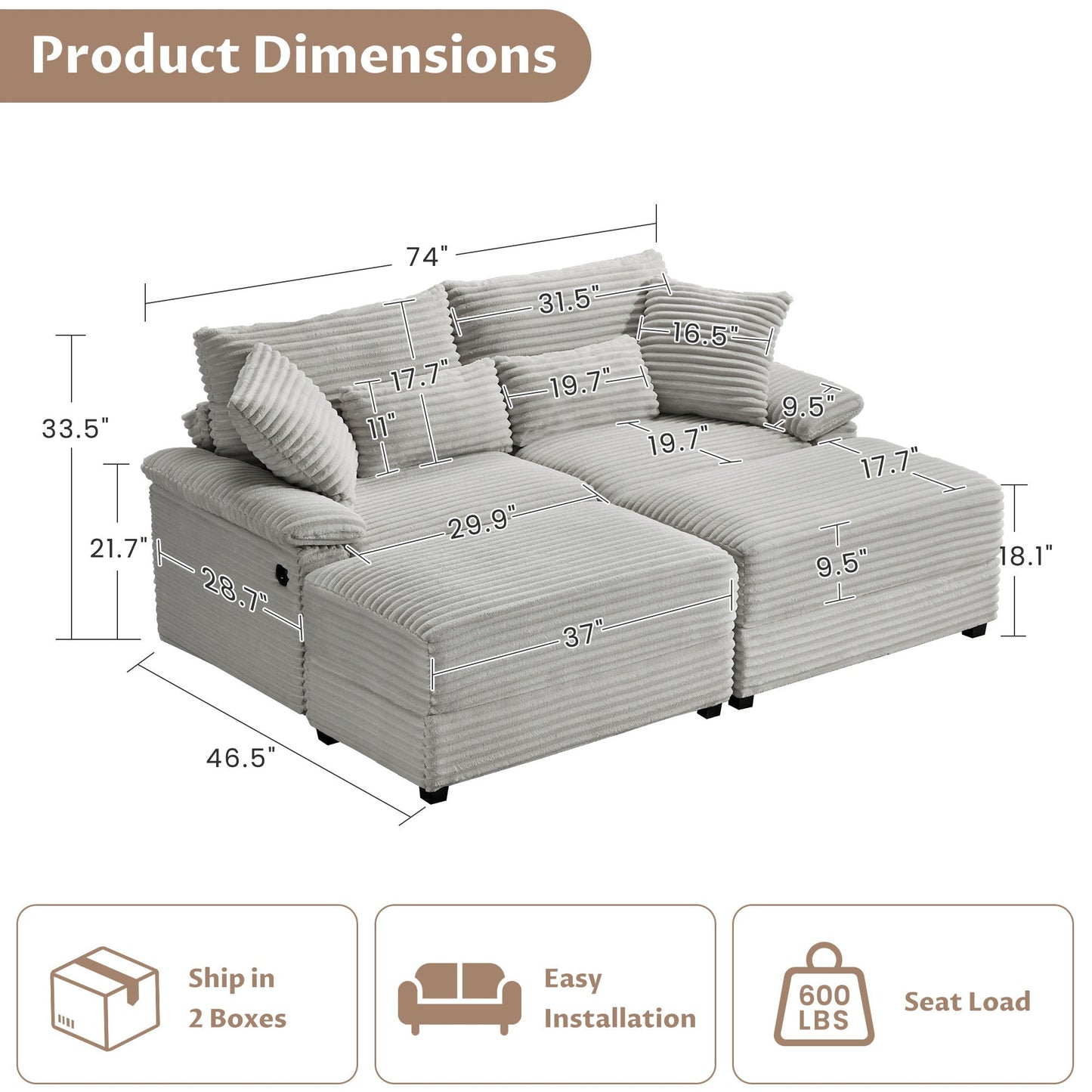 Double Chaise Lounge Set With Reversible Storage Ottomans, USB Port - Snoozhouse