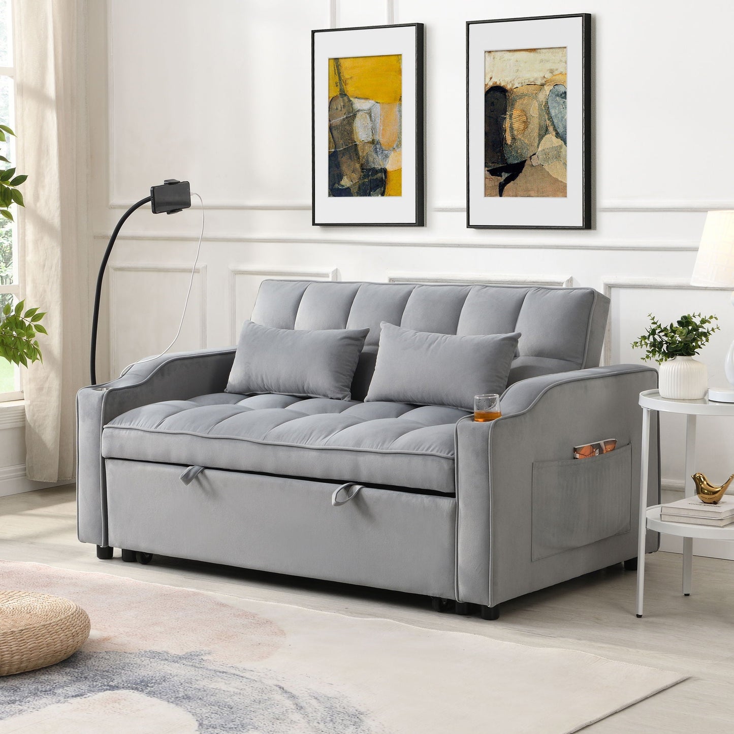 Modern Velvet Loveseat With Pullout Bed, Adjustable Reclining Backrest Home Essentials