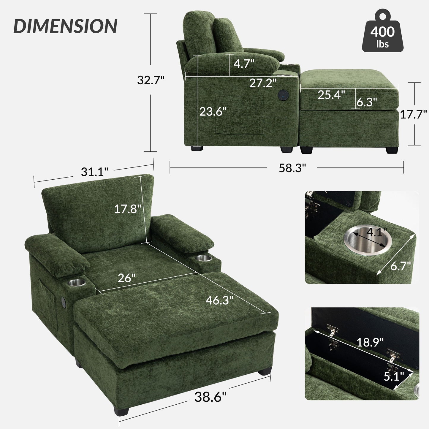 Modern Oversized Chair With Ottoman, Cupholders And USB Charging Ports Home Essentials