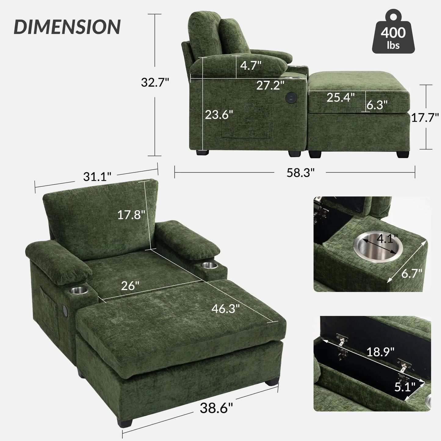 Modern Oversized Chair With Ottoman, Cupholders And USB Charging Ports Home Essentials