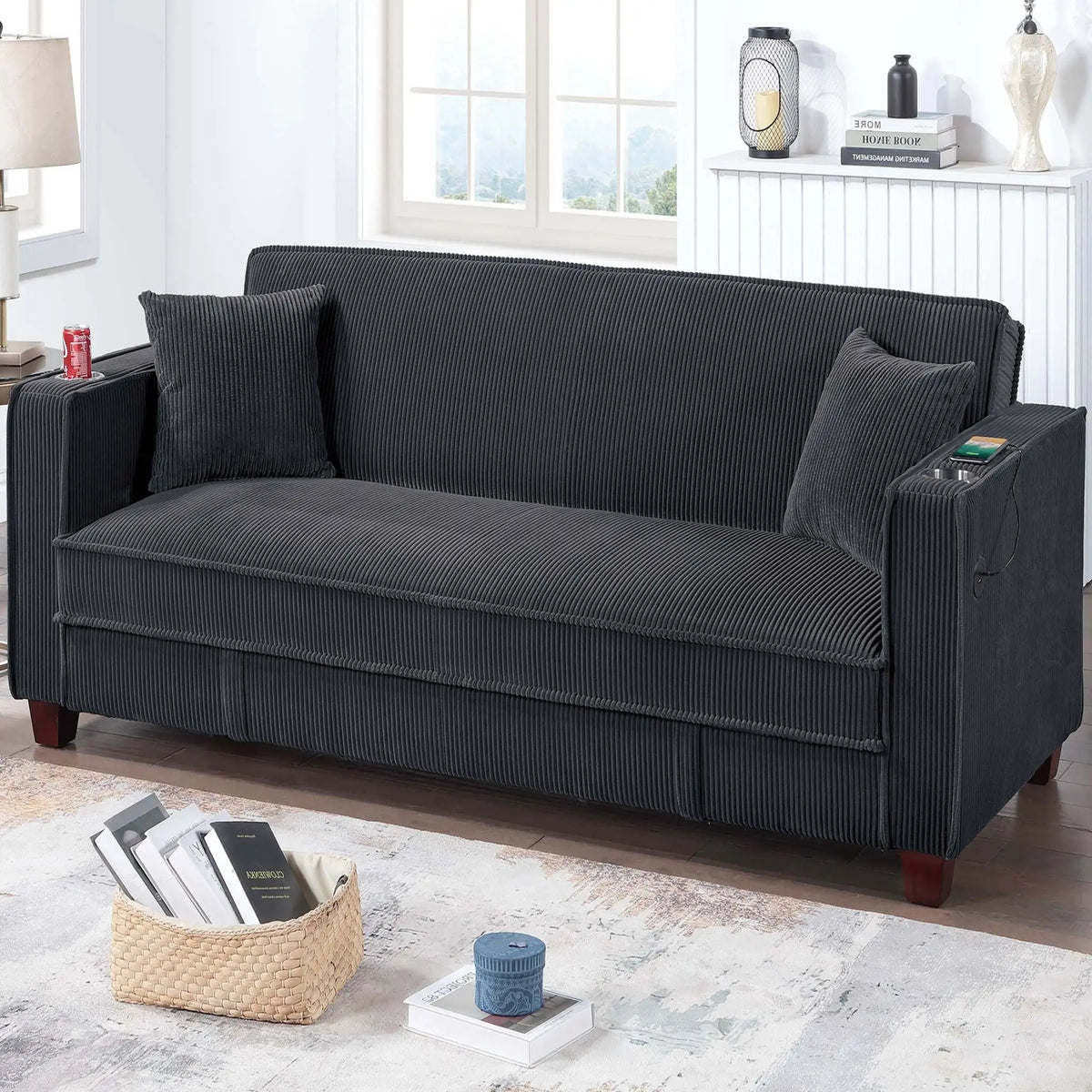 Modern Convertible Sofa With Hidden Storage USB Port, Cup Holder Home Essentials