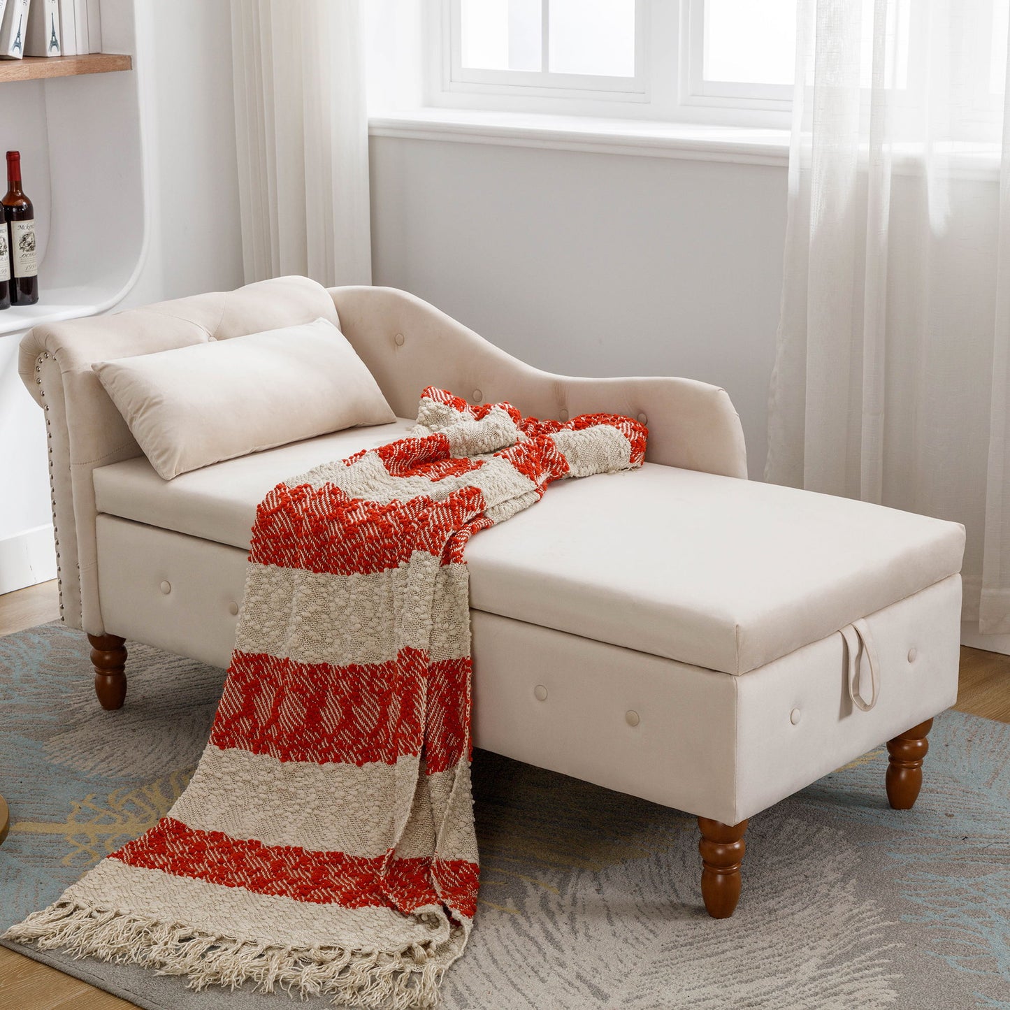 Chaise Lounge Indoor, Velvet Lounge Chair For Bedroom With Storage & Pillow, Modern Upholstered Rolled Arm Chase Lounge For Sleeping With Nailhead Trim For Living Room Bedroom Office Home Essentials