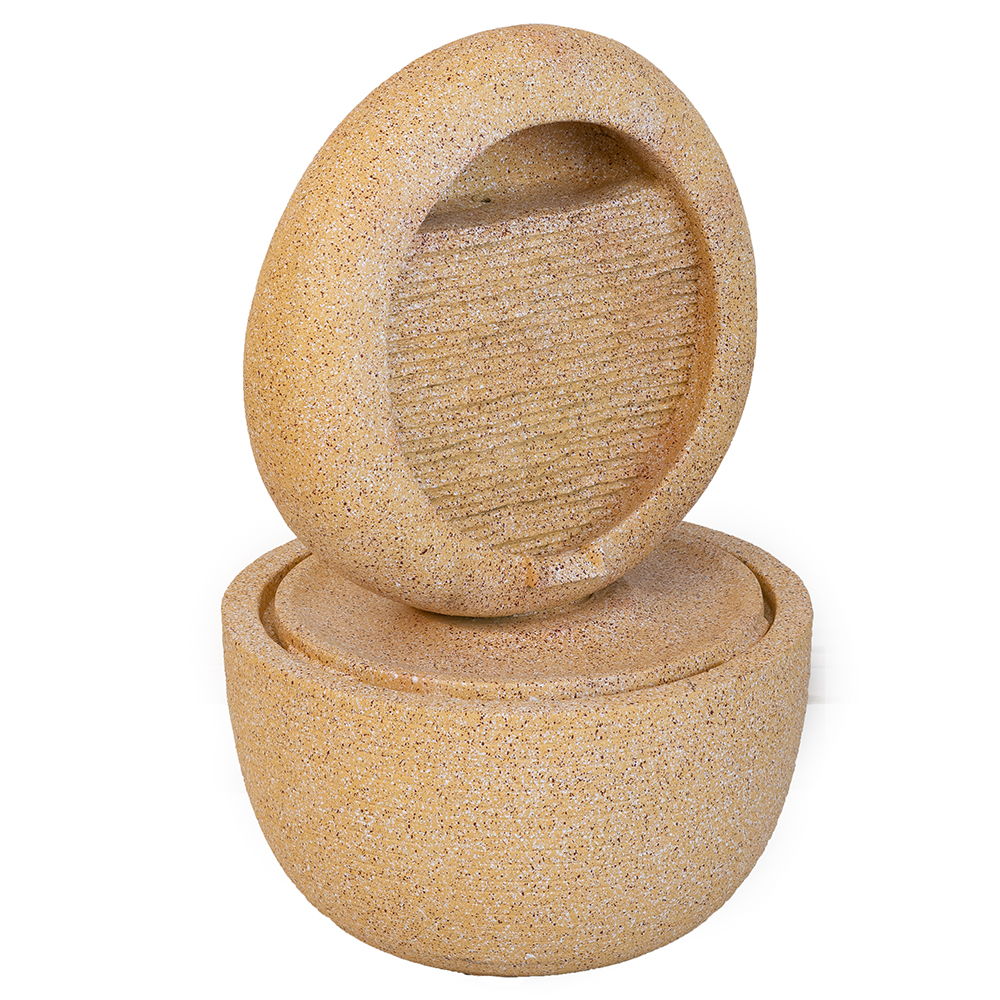Cement Round Water Fountain With Light And Pump - Beige / Yellow Daily Nest