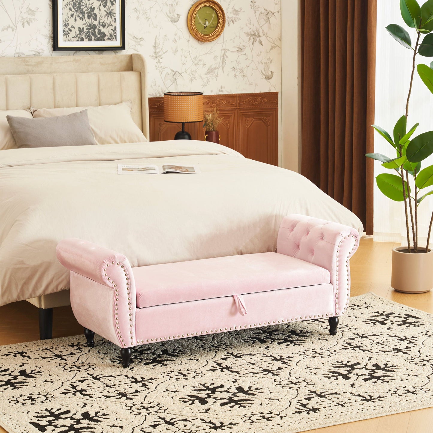 Luxurious Velvet Multifunctional Storage Ottoman Bench With Pillow Noble House