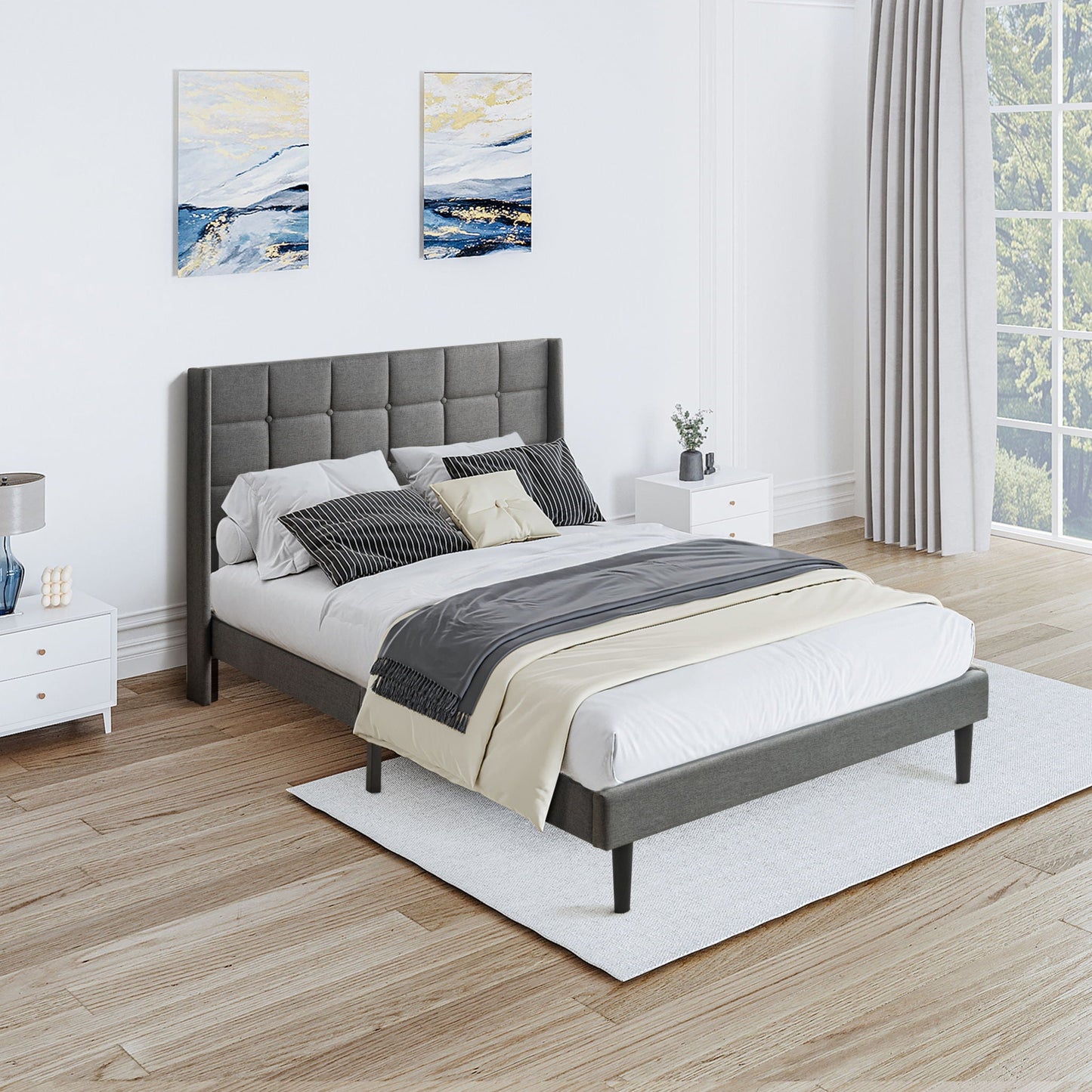 Queen Size Upholstered Platform Bed Frame With Button Tufted Linen Fabric Headboard - Dark Gray Home Essentials