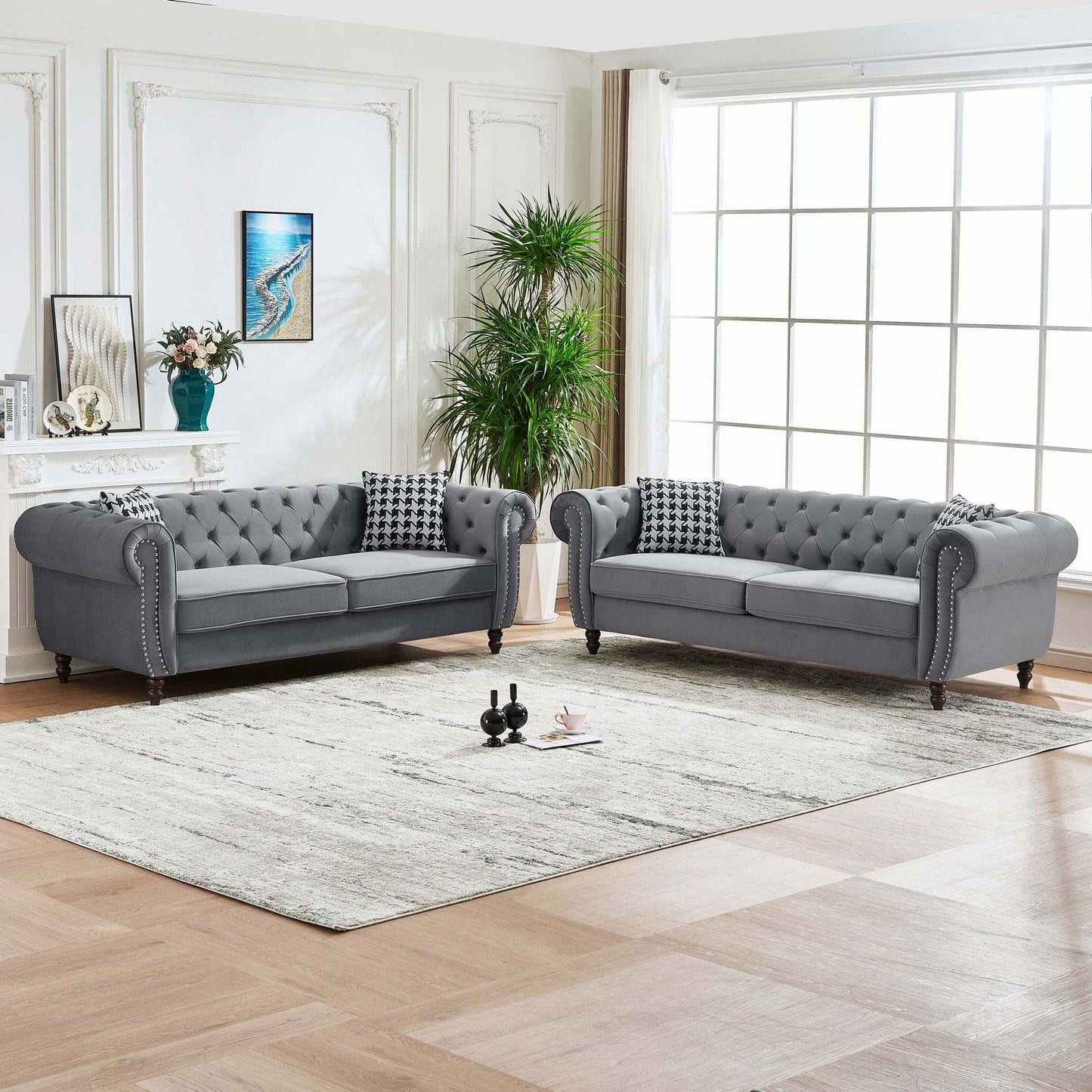 Chesterfield Upholstery Fabric Sofa With Roll Armrest & Nailhead, Mid Century Modern 3 And 3 Seater Couch Home Essentials