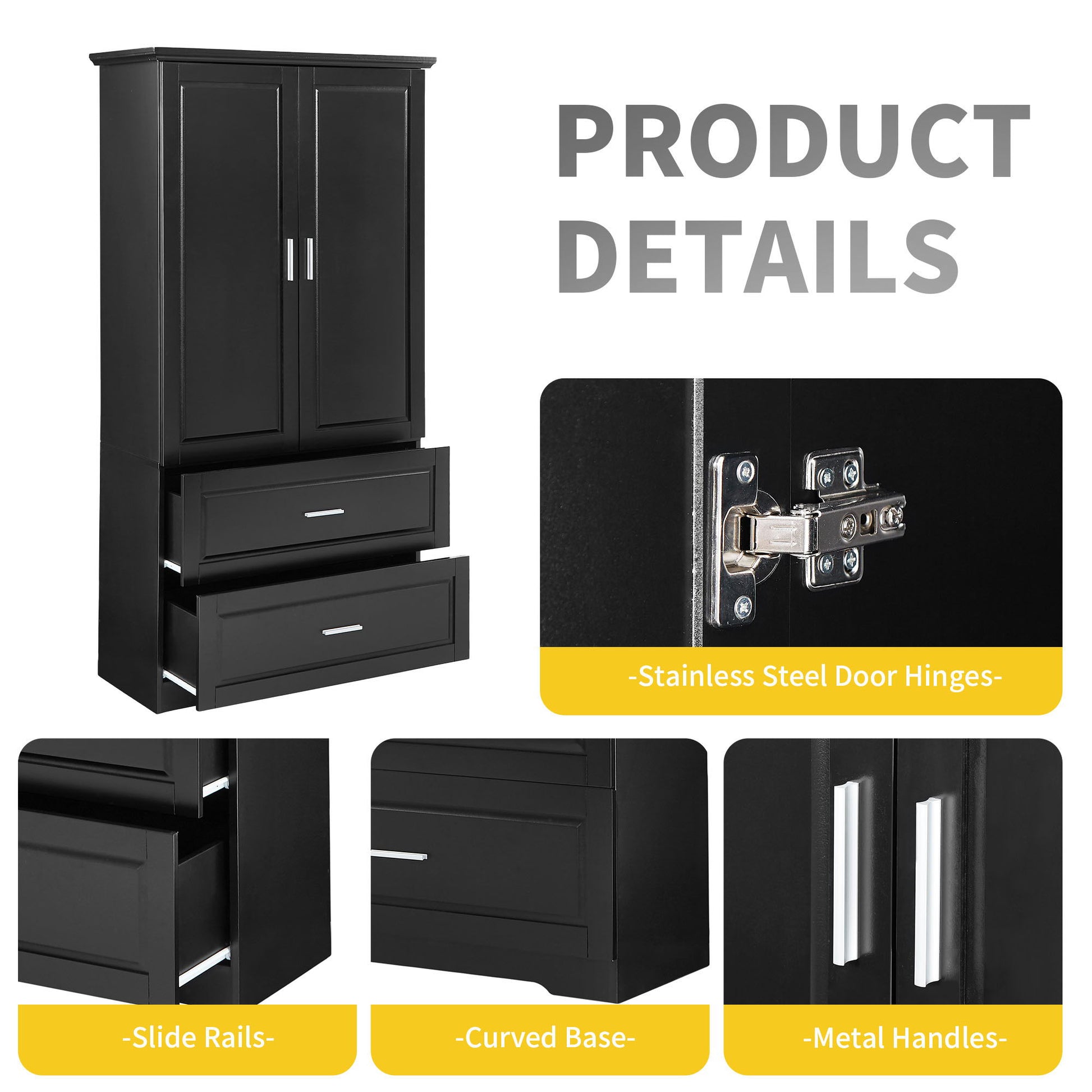 Tall Bathroom Storage Cabinet, Cabinet With 2 Doors And Drawers, Adjustable Shelf Hearth and Haven